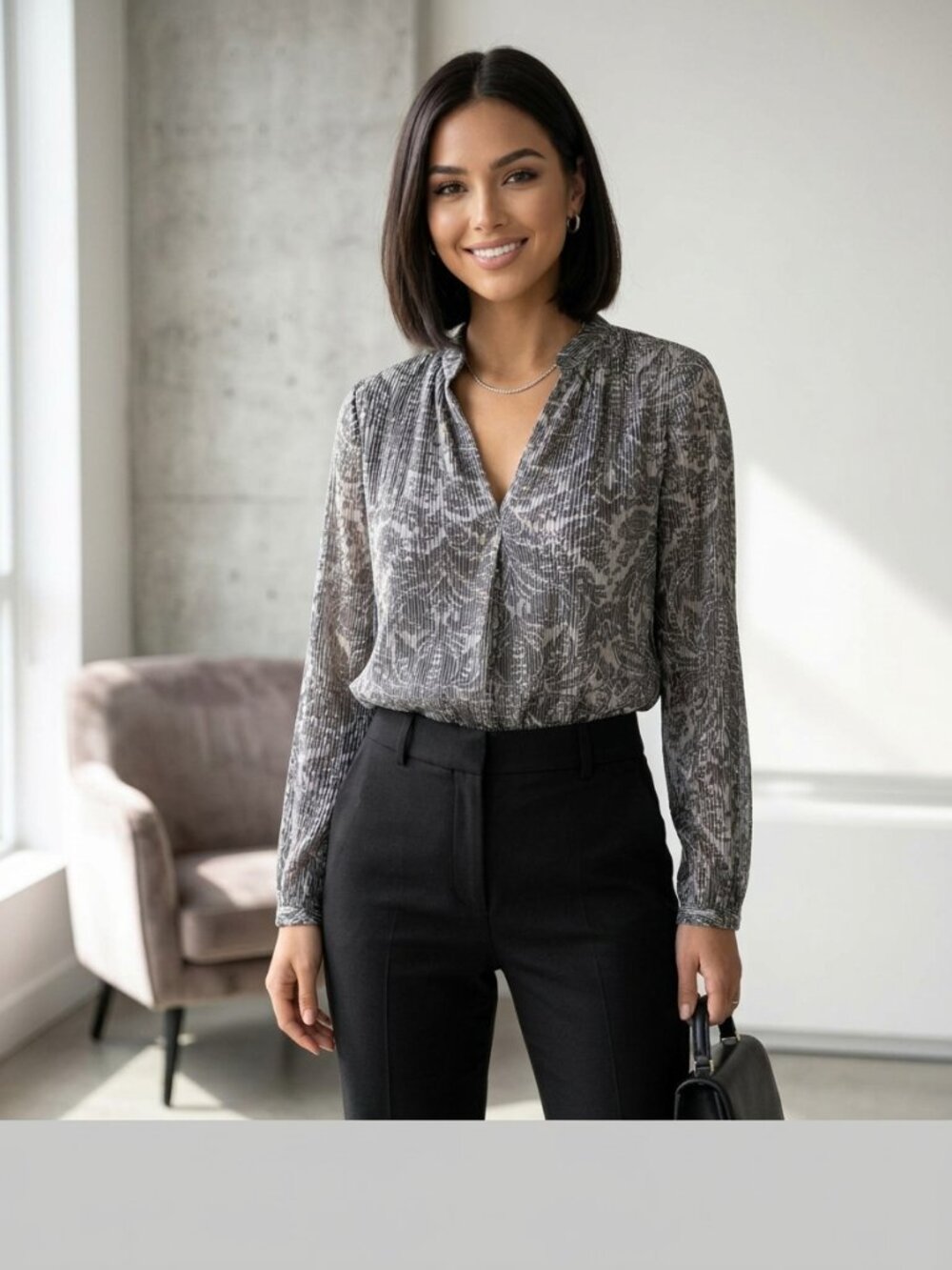 MICHAEL Michael Kors Silver & Charcoal Paisley Pleated V-Neck Blouse - M